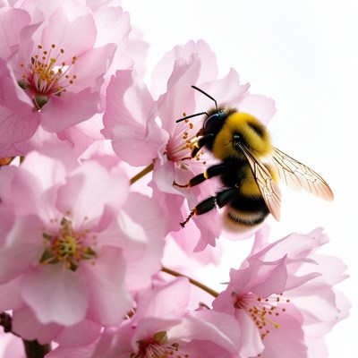Bumblebee on pink cherry blossoms