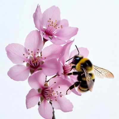 Bumblebee pollinating pink cherry blossoms