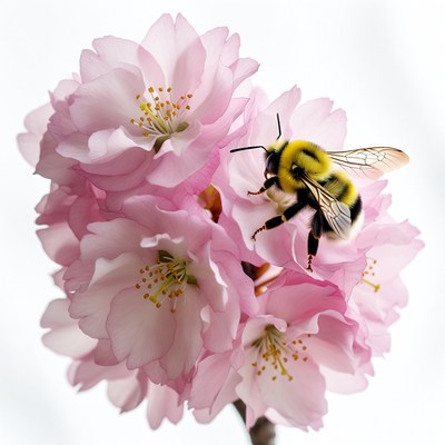 Bumblebee on pink cherry blossoms