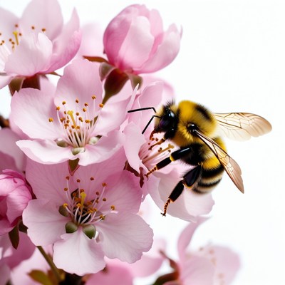 Bumblebee on pink cherry blossoms
