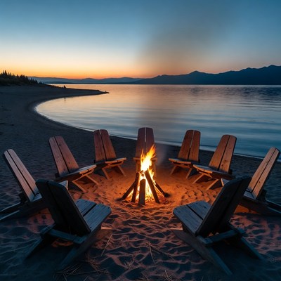 Campfire with Adirondack Chairs on Beach