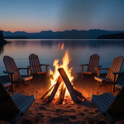 Campfire with Adirondack Chairs on Beach