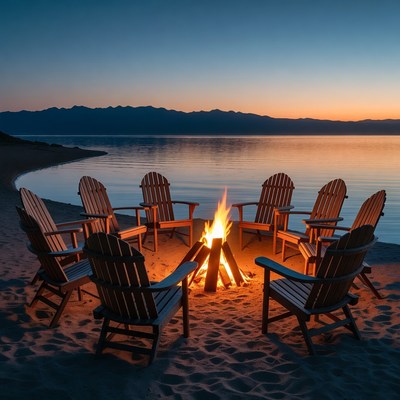 Adirondack chairs around beach bonfire sunset