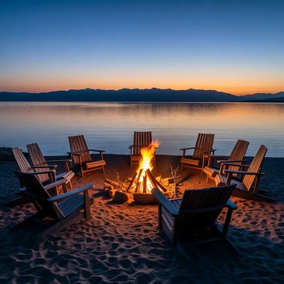 Campfire chairs on beach at sunset