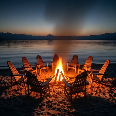 Campfire with Adirondack Chairs on Beach