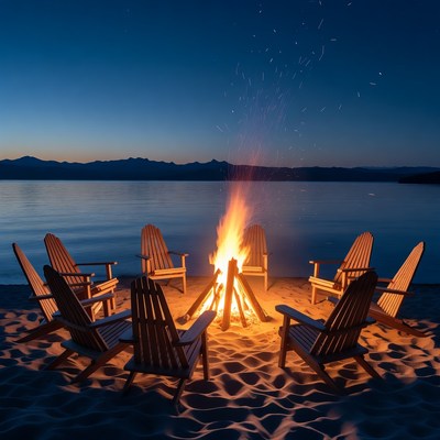 Adirondack chairs around beach bonfire
