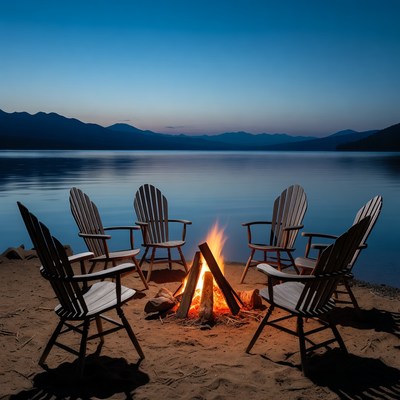 Campfire with Adirondack Chairs on Lakeside Beach