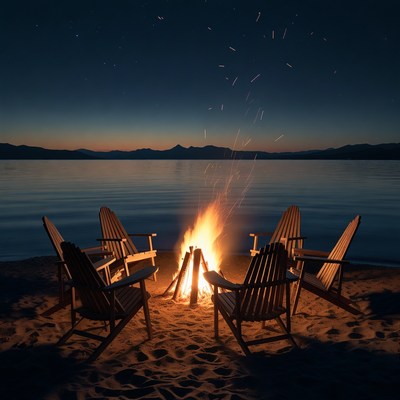 Campfire chairs on beach at night
