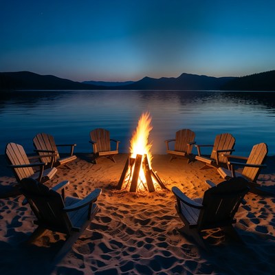 Campfire chairs on beach at dusk