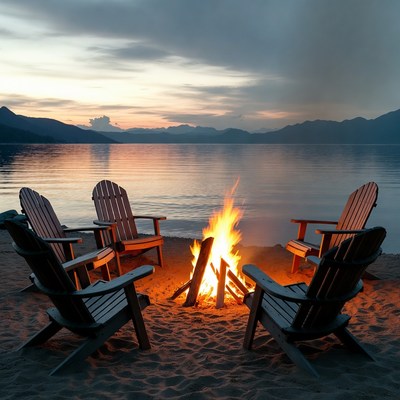 Campfire on Lakeside Beach at Sunset