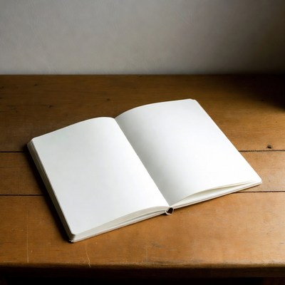 Open blank notebook on wooden table
