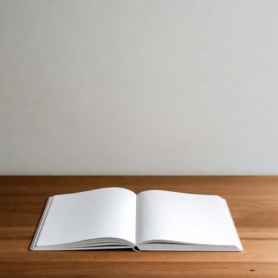 Open blank notebook on wooden table