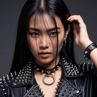 Asian woman in spiked leather jacket