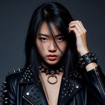 Asian woman in spiked leather jacket
