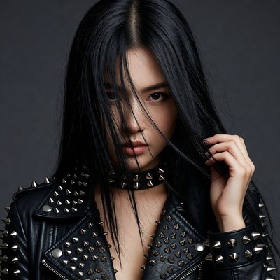 Asian woman in studded leather jacket