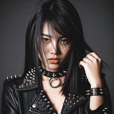 Asian woman in spiked choker jacket