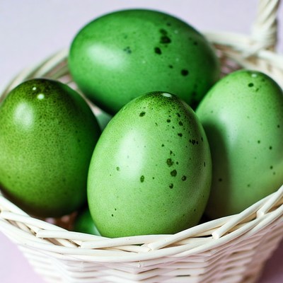 Green speckled eggs in white basket