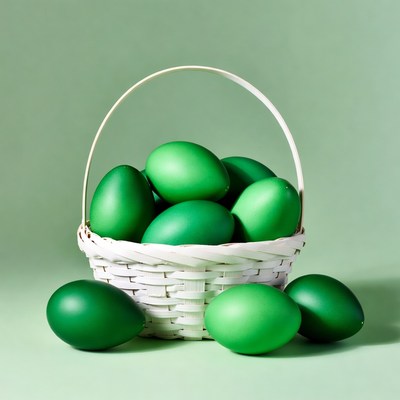 Green Easter eggs in white basket