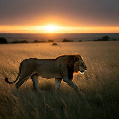 Lion walking in savanna sunset