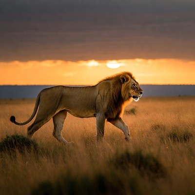 Lion walking in golden sunset savanna