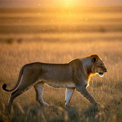 Lion walking in golden sunset savanna