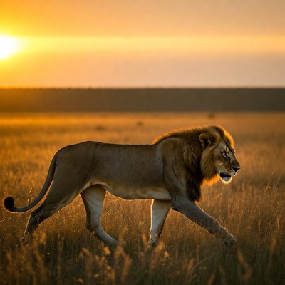 Lion walking in sunset savanna