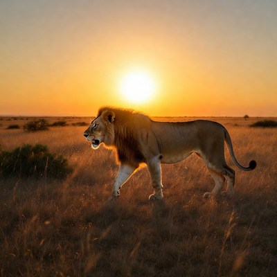 Lion walking in sunset savanna