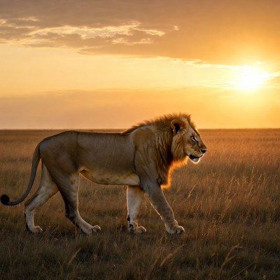 Lion walking in savanna sunset
