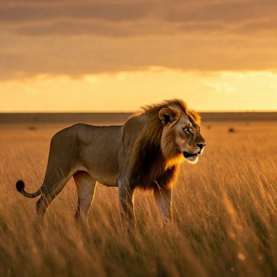 Lion walking in golden savanna sunset