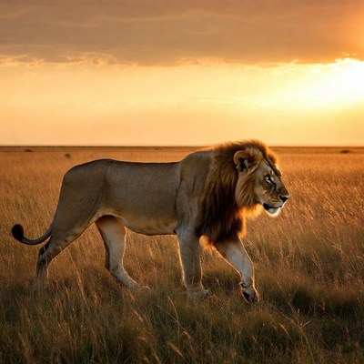 Lion walking in savanna sunset