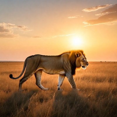 Lion walking in savanna sunset