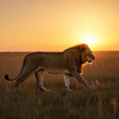 Lion walking in savanna sunset