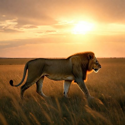Lion walking in savanna sunset