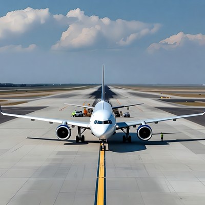 White Airplane on Runway with Ground Crew