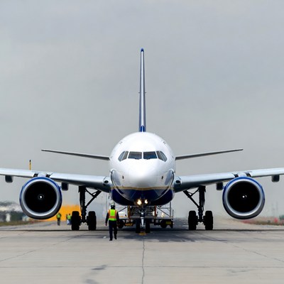 White Jet Airplane on Tarmac with Ground Crew