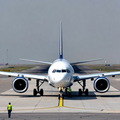 White Airplane Parked on Tarmac with Ground Crew