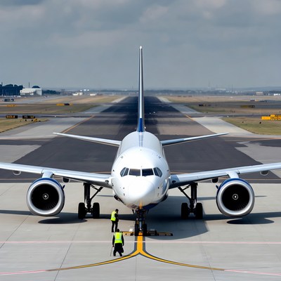 Airplane on runway with ground crew