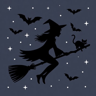 Silhouette witch flying on broomstick