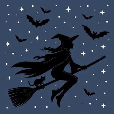 Witch flying on broomstick silhouette