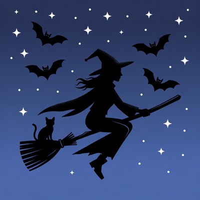 Silhouette witch flying on broomstick