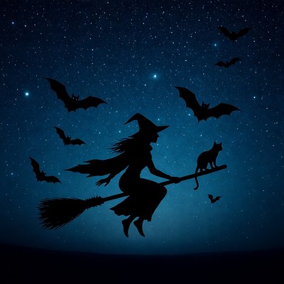 Silhouette witch flying on broomstick