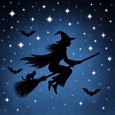 Silhouette witch flying on broomstick