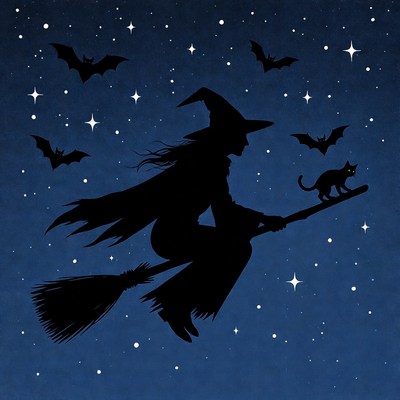 Silhouette witch flying on broomstick