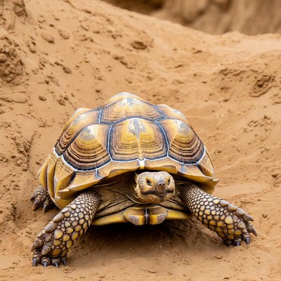 Sulcata tortoise on sandy ground