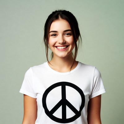 Smiling woman in peace sign t-shirt