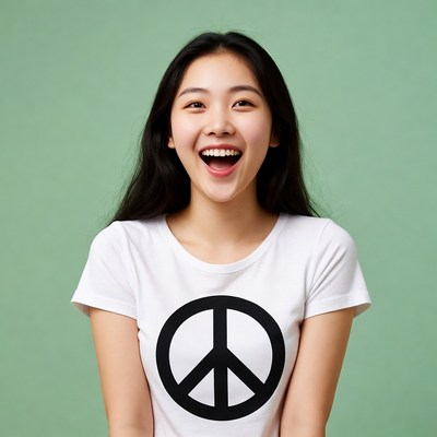 Asian girl laughing in peace sign t-shirt