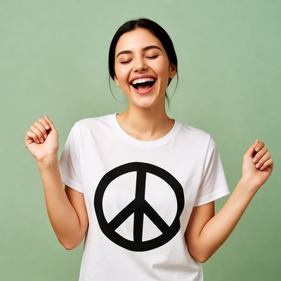 Woman laughing in peace sign t-shirt