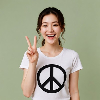 Asian woman peace sign green background