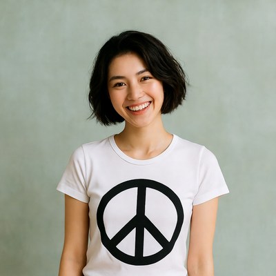 Asian woman smiling in peace sign t-shirt