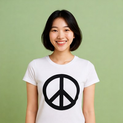 Asian woman in peace sign t-shirt